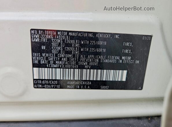 4T3DWRFV3LU001649 2020 TOYOTA RAV4 White 360 interior view