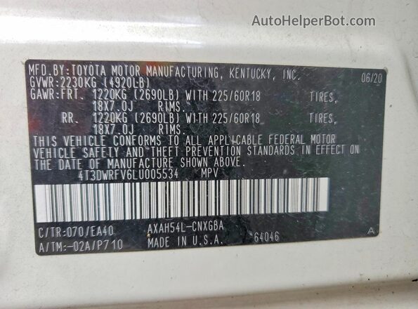 4T3DWRFV6LU005534 2020 TOYOTA RAV4 White VIN կոդի պիտակի տեսք