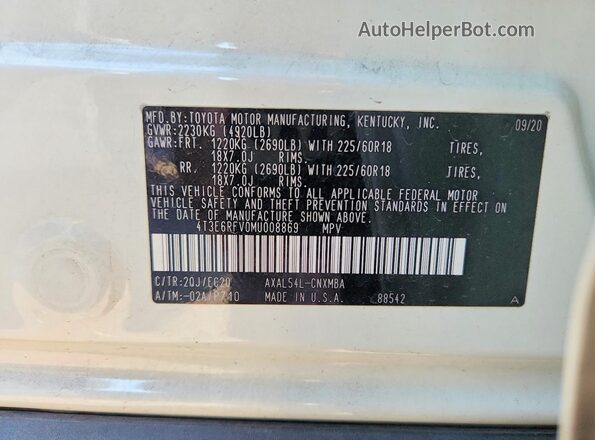 4T3E6RFV0MU008869 2021 TOYOTA RAV4 White სალონის 360-გრადუსიანი ხედი