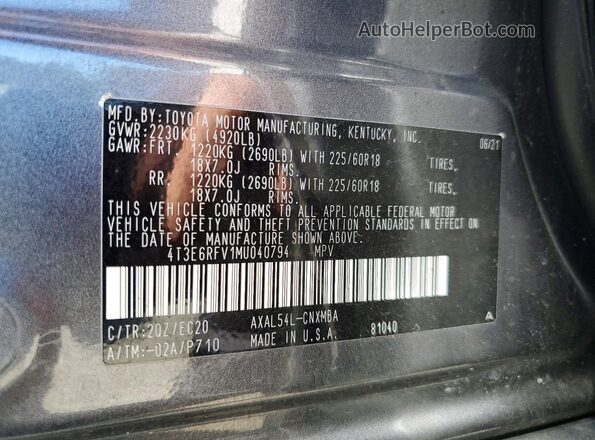 4T3E6RFV1MU040794 2021 TOYOTA RAV4 Gray 360 interior view