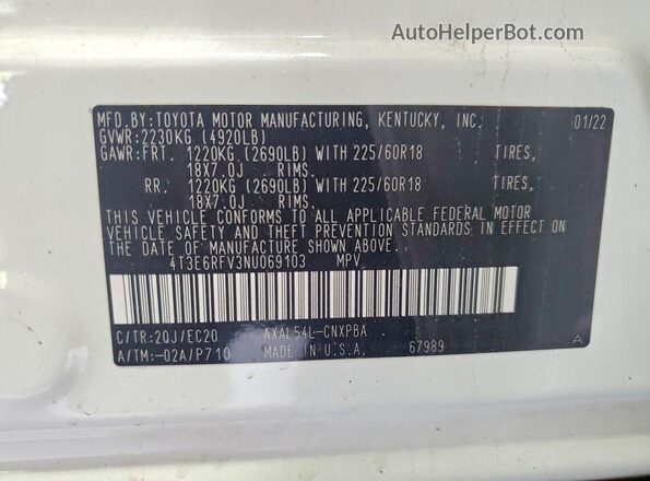 4T3E6RFV3NU069103 2022 TOYOTA RAV4 White VIN կոդի պիտակի տեսք