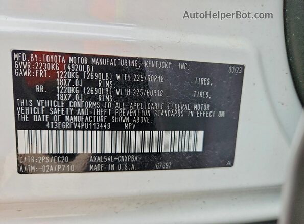 4T3E6RFV4PU113449 2023 TOYOTA RAV4 White Widok naklejki z numerem VIN