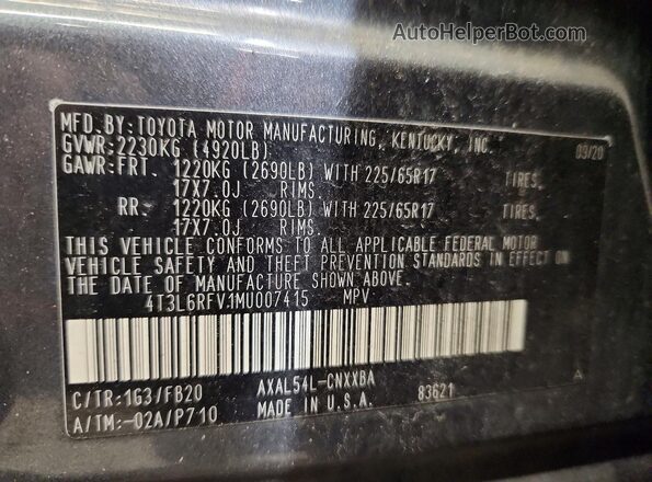 4T3L6RFV1MU007415 2021 TOYOTA RAV4 Gray Widok naklejki z numerem VIN