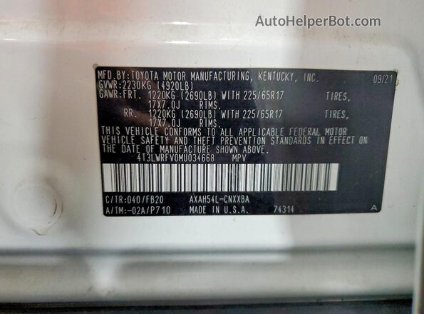 4T3LWRFV0MU034668 2021 TOYOTA RAV4 White VIN კოდის სტიკერის ხედი