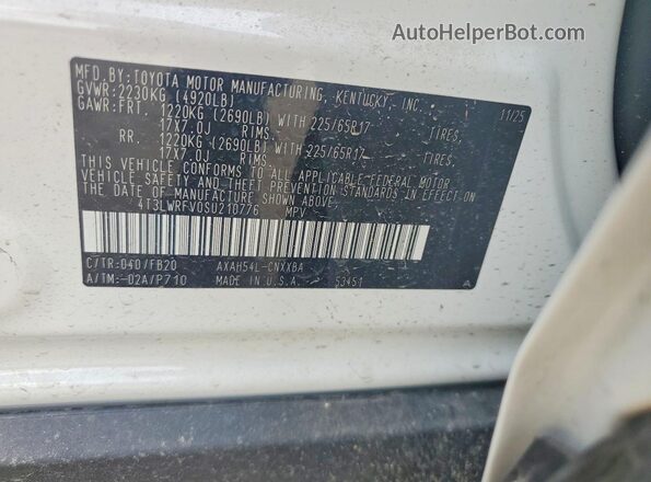 4T3LWRFV0SU210776 2025 TOYOTA RAV4 White Widok naklejki z numerem VIN