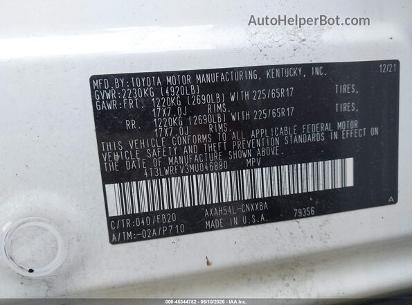 4T3LWRFV3MU046880 2021 TOYOTA RAV4 HYBRID White ძრავის განყოფილების ხედი