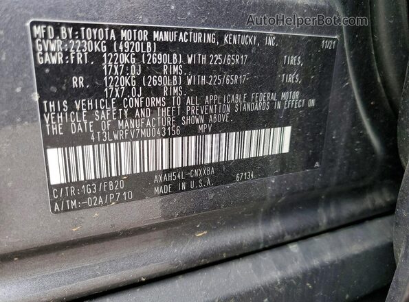 4T3LWRFV7MU043156 2021 TOYOTA RAV4 Gray Вид наклейки з VIN-кодом