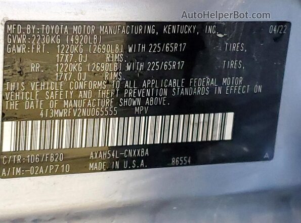 4T3MWRFV2NU065555 2022 TOYOTA RAV4 Silver Widok naklejki z numerem VIN