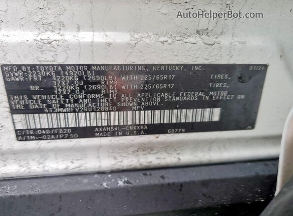 4T3MWRFV2RU128840 2024 TOYOTA RAV4 White Widok naklejki z numerem VIN