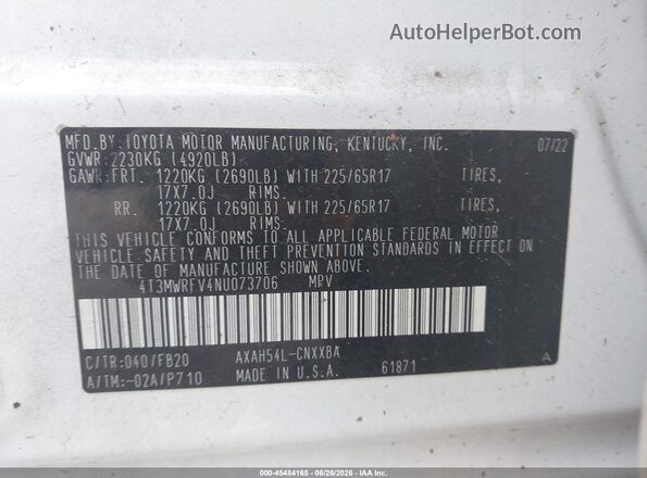 4T3MWRFV4NU073706 2022 TOYOTA RAV4 HYBRID White Շարժիչի բաժամունքի տեսք