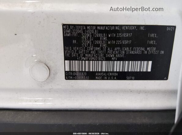 4T3MWRFV6MU018625 2021 TOYOTA RAV4 HYBRID White Widok komory silnika