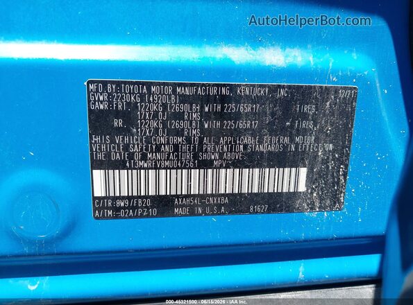 4T3MWRFV8MU047561 2021 TOYOTA RAV4 HYBRID Blue Շարժիչի բաժամունքի տեսք