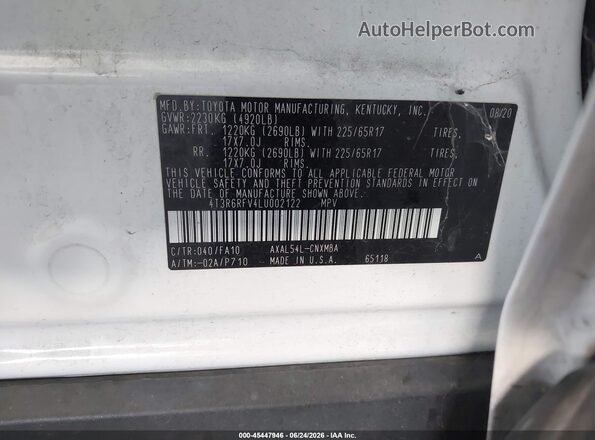 4T3R6RFV4LU002122 2020 TOYOTA RAV4 HYBRID White Widok komory silnika
