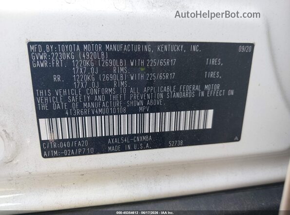 4T3R6RFV4MU010108 2021 TOYOTA RAV4 HYBRID White 