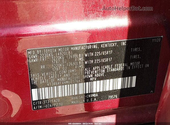 4T3R6RFV4MU017642 2021 TOYOTA RAV4 HYBRID Red Engine compartment view