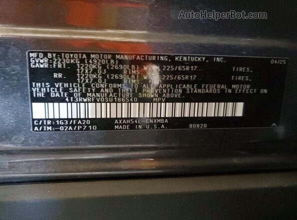 4T3RWRFV0SU186540 2025 TOYOTA RAV4 Gray VIN sticker view