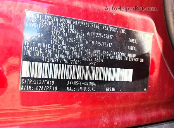 4T3RWRFV1MU027075 2021 TOYOTA RAV4 Red 