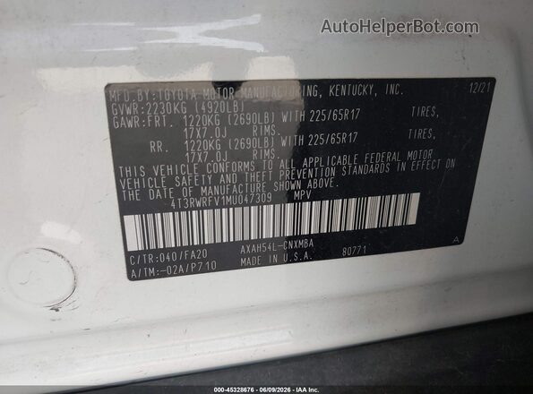 4T3RWRFV1MU047309 2021 TOYOTA RAV4 HYBRID White Вид підкапотного простору