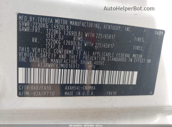 4T3RWRFV2MU016912 2021 TOYOTA RAV4 HYBRID White Вид підкапотного простору