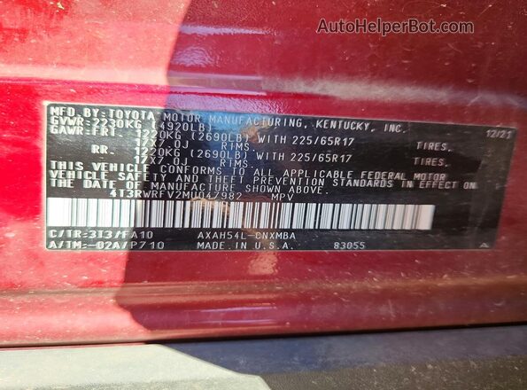 4T3RWRFV2MU047982 2021 TOYOTA RAV4 Burgundy VIN კოდის სტიკერის ხედი