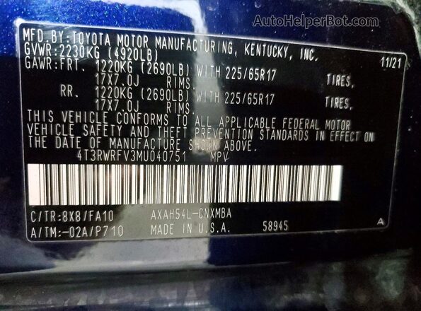 4T3RWRFV3MU040751 2021 TOYOTA RAV4 Blue 