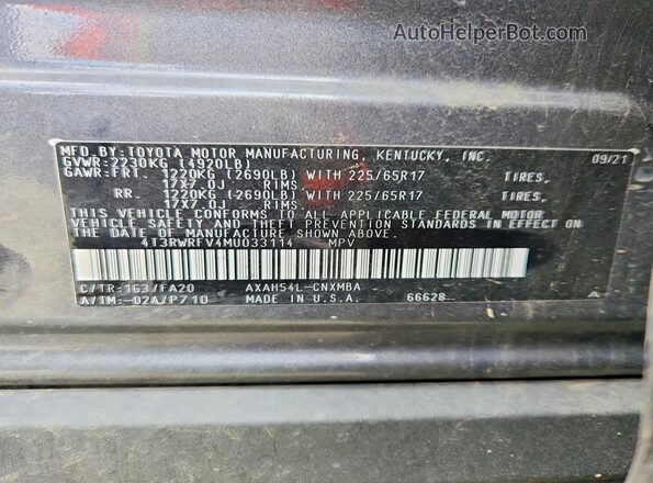 4T3RWRFV4MU033114 2021 TOYOTA RAV4 Серебряный Вид наклейки с VIN-кодом
