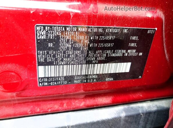 4T3RWRFV5MU025488 2021 TOYOTA RAV4 Red VIN կոդի պիտակի տեսք