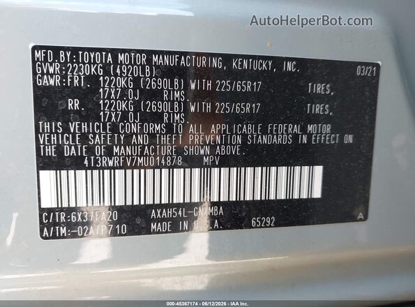 4T3RWRFV7MU014878 2021 TOYOTA RAV4 HYBRID Gray Engine compartment view
