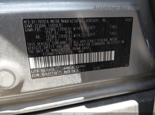 4T3RWRFV7NU052578 2022 TOYOTA RAV4 HYBRID Silver Widok komory silnika