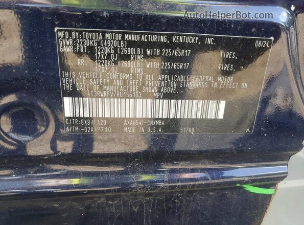 4T3RWRFV7RU155103 2024 TOYOTA RAV4 Blue VIN კოდის სტიკერის ხედი