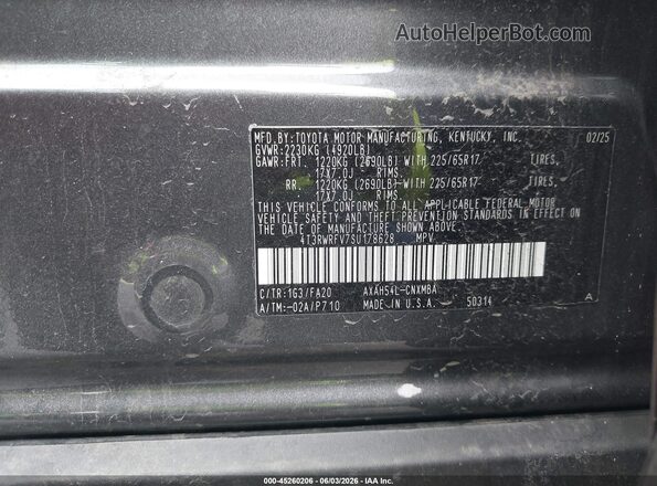 4T3RWRFV7SU178628 2025 TOYOTA RAV4 HYBRID Gray Շարժիչի բաժամունքի տեսք