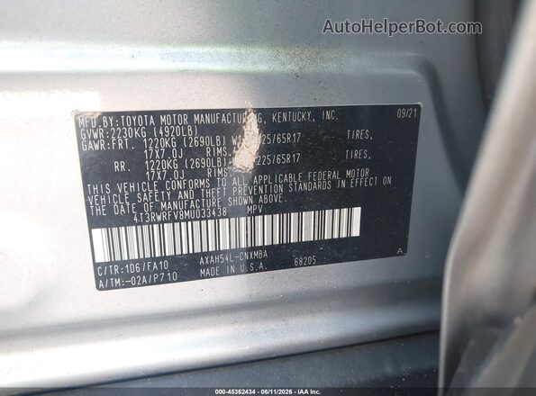 4T3RWRFV8MU033438 2021 TOYOTA RAV4 HYBRID Silver Vista del compartimento del motor