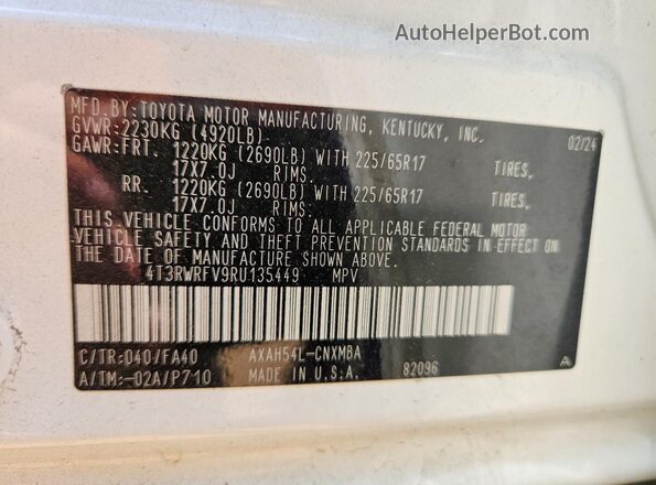 4T3RWRFV9RU135449 2024 TOYOTA RAV4 Белый Вид наклейки с VIN-кодом
