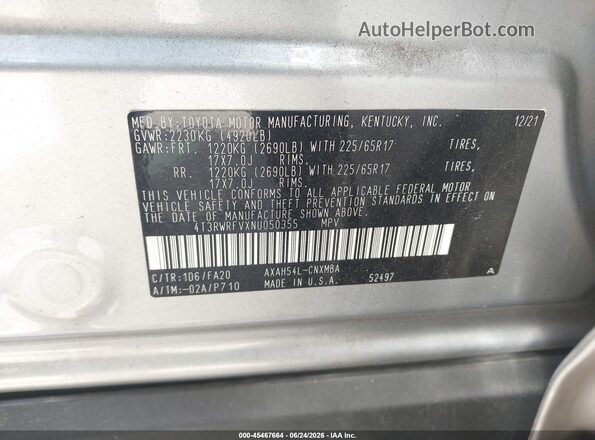 4T3RWRFVXNU050355 2022 TOYOTA RAV4 HYBRID Silver Vista del compartimento del motor