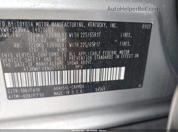 4T3RWRFVXNU050582 2022 TOYOTA RAV4 HYBRID Silver Engine compartment view