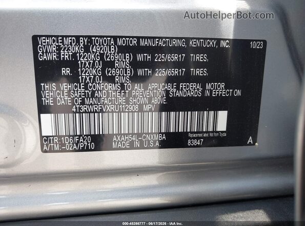 4T3RWRFVXRU112908 2024 TOYOTA RAV4 HYBRID Silver Engine compartment view