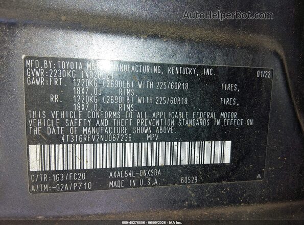 4T3T6RFV2NU067236 2022 TOYOTA RAV4 HYBRID Gray Engine compartment view