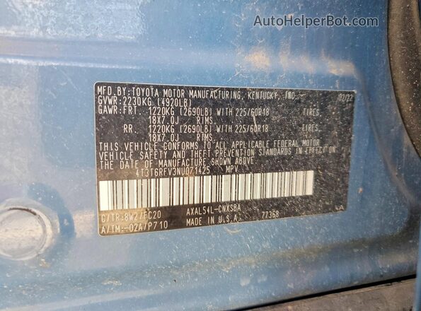 4T3T6RFV3NU071425 2022 TOYOTA RAV4 Blue 