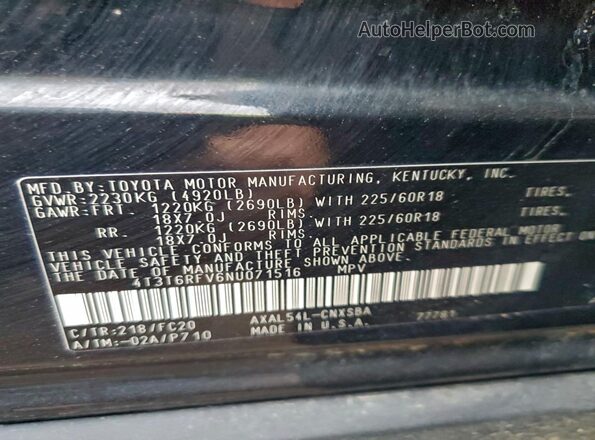 4T3T6RFV6NU071516 2022 TOYOTA RAV4 Black VIN კოდის სტიკერის ხედი
