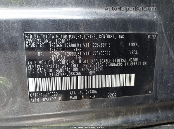 4T3T6RFVXNU066366 2022 TOYOTA RAV4 HYBRID Gray Շարժիչի բաժամունքի տեսք