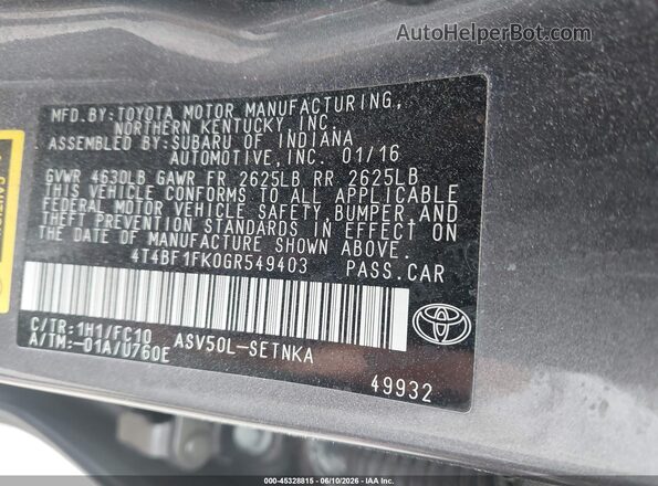 4T4BF1FK0GR549403 2016 TOYOTA CAMRY Gray 
