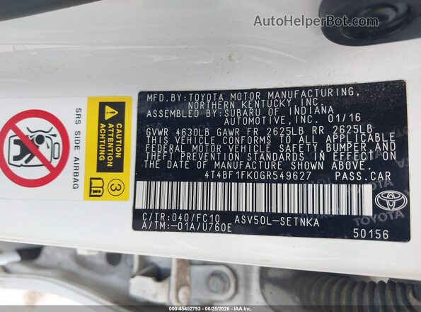 4T4BF1FK0GR549627 2016 TOYOTA CAMRY Белый Вид подкапотного пространства