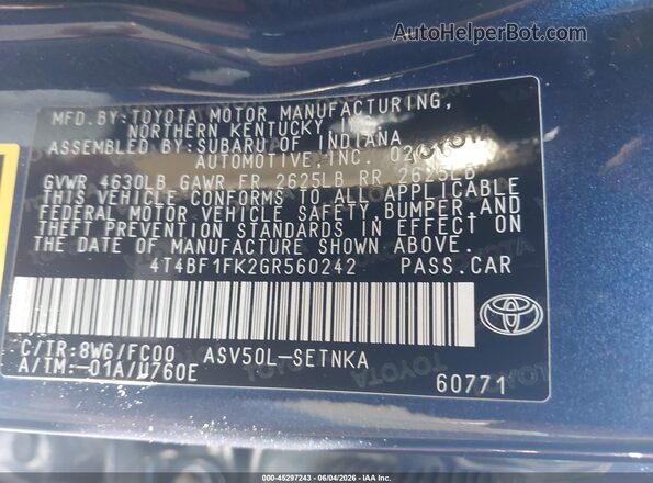 4T4BF1FK2GR560242 2016 TOYOTA CAMRY Blue Rear right