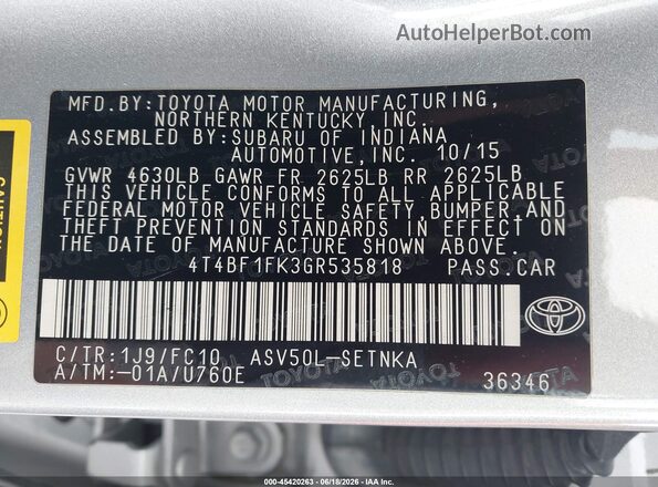 4T4BF1FK3GR535818 2016 TOYOTA CAMRY Silver Engine compartment view
