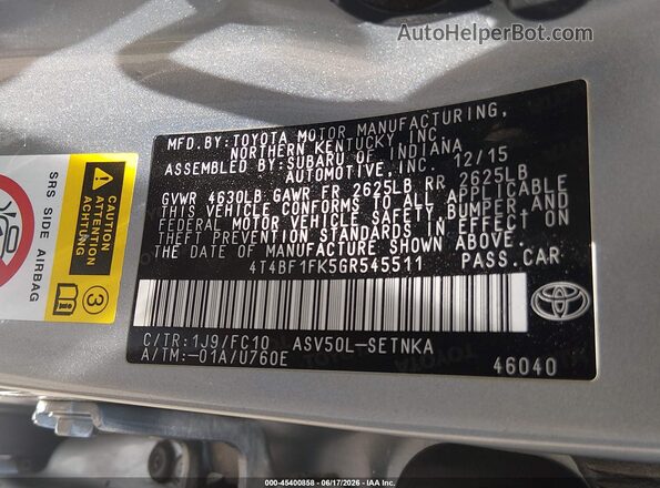 4T4BF1FK5GR545511 2016 TOYOTA CAMRY Gray Vista del compartimento del motor