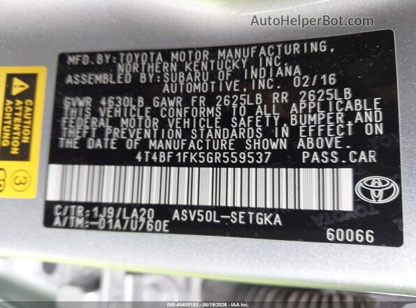 4T4BF1FK5GR559537 2016 TOYOTA CAMRY Silver Շարժիչի բաժամունքի տեսք