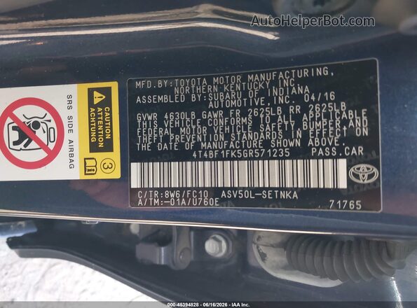4T4BF1FK5GR571235 2016 TOYOTA CAMRY Navy Vista del compartimento del motor