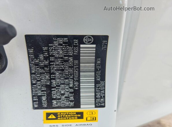 4T4BF1FK6GR576198 2016 TOYOTA CAMRY White VIN կոդի պիտակի տեսք