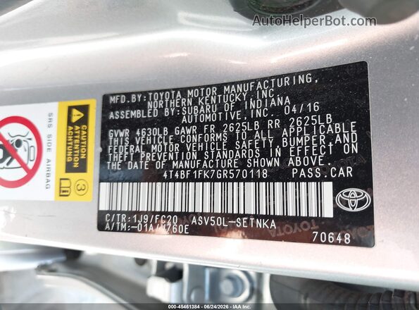 4T4BF1FK7GR570118 2016 TOYOTA CAMRY Silver Շարժիչի բաժամունքի տեսք