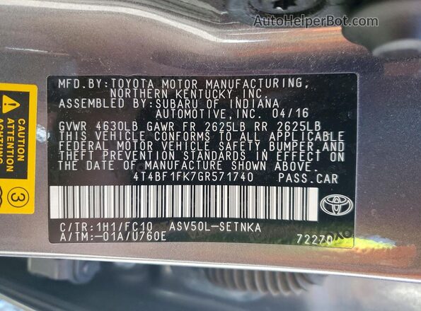 4T4BF1FK7GR571740 2016 TOYOTA CAMRY Gray Vista del compartimento del motor